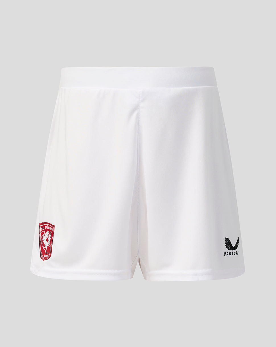 White FC Twente junior third shorts with a red crest on the left leg and Castore logo on the right.