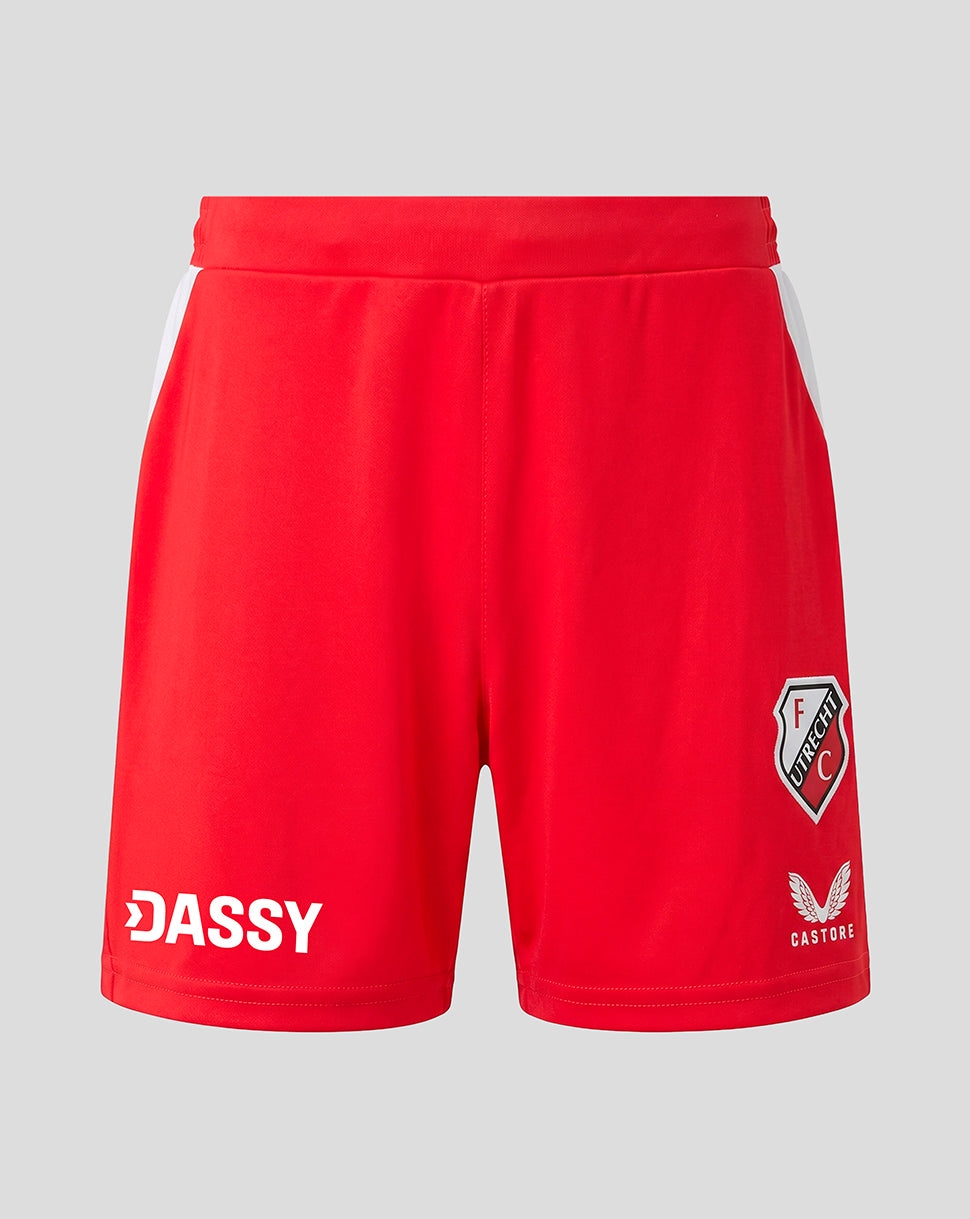 Front view of red FC Utrecht junior home shorts with white side panels and the club crest on the right leg