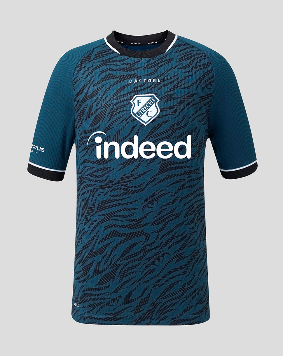 FC Utrecht Junior 26/27 away shirt front view with teal tiger stripe pattern, club crest and Indeed sponsor