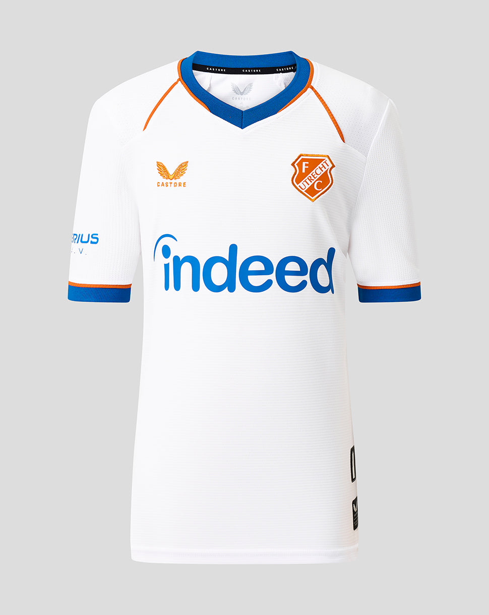 White FC Utrecht junior third shirt with orange crest on chest and blue Indeed sponsor across front.