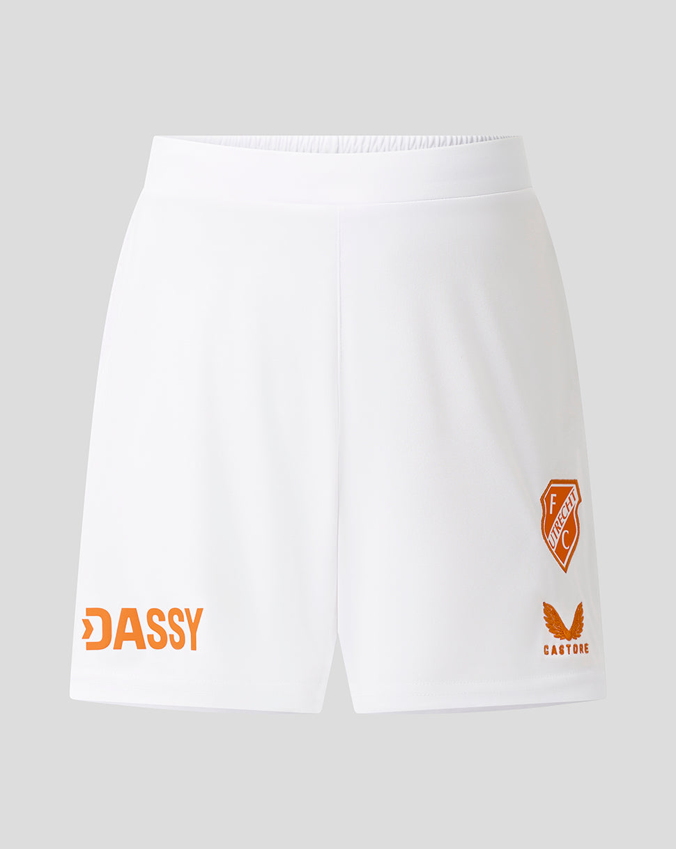 White junior shorts featuring an orange FC Utrecht crest and DASSY branding.