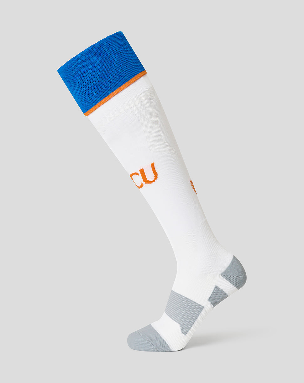 White junior FC Utrecht 26/27 third sock with a blue cuff orange trim and gray heel and toe reinforcements.