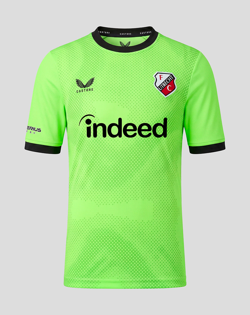 FC Utrecht junior home keepers shirt in neon green with crest on chest and the Indeed sponsor