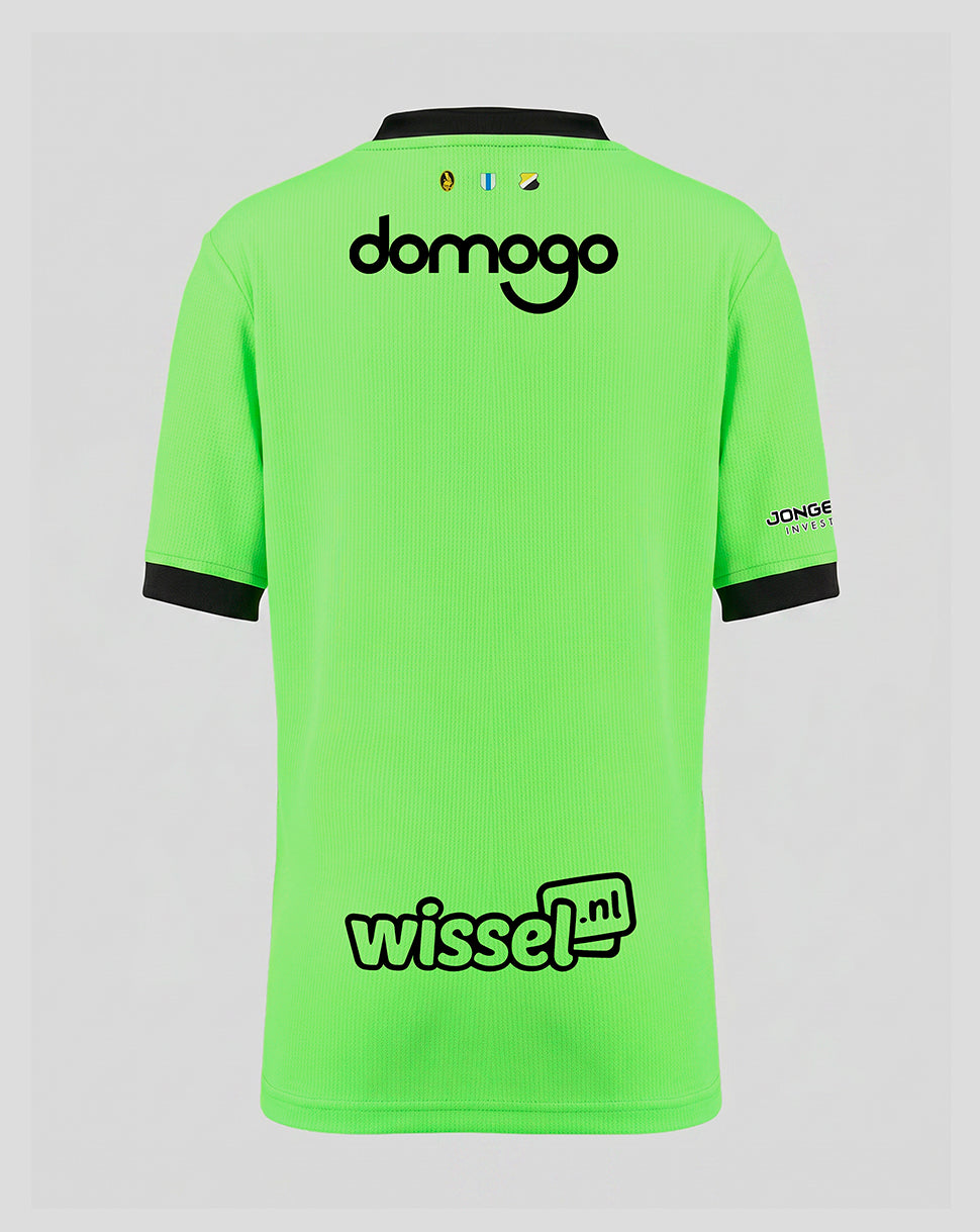 Back view of neon green FC Utrecht keeper shirt showing domgo on upper back and wissel nl on lower back