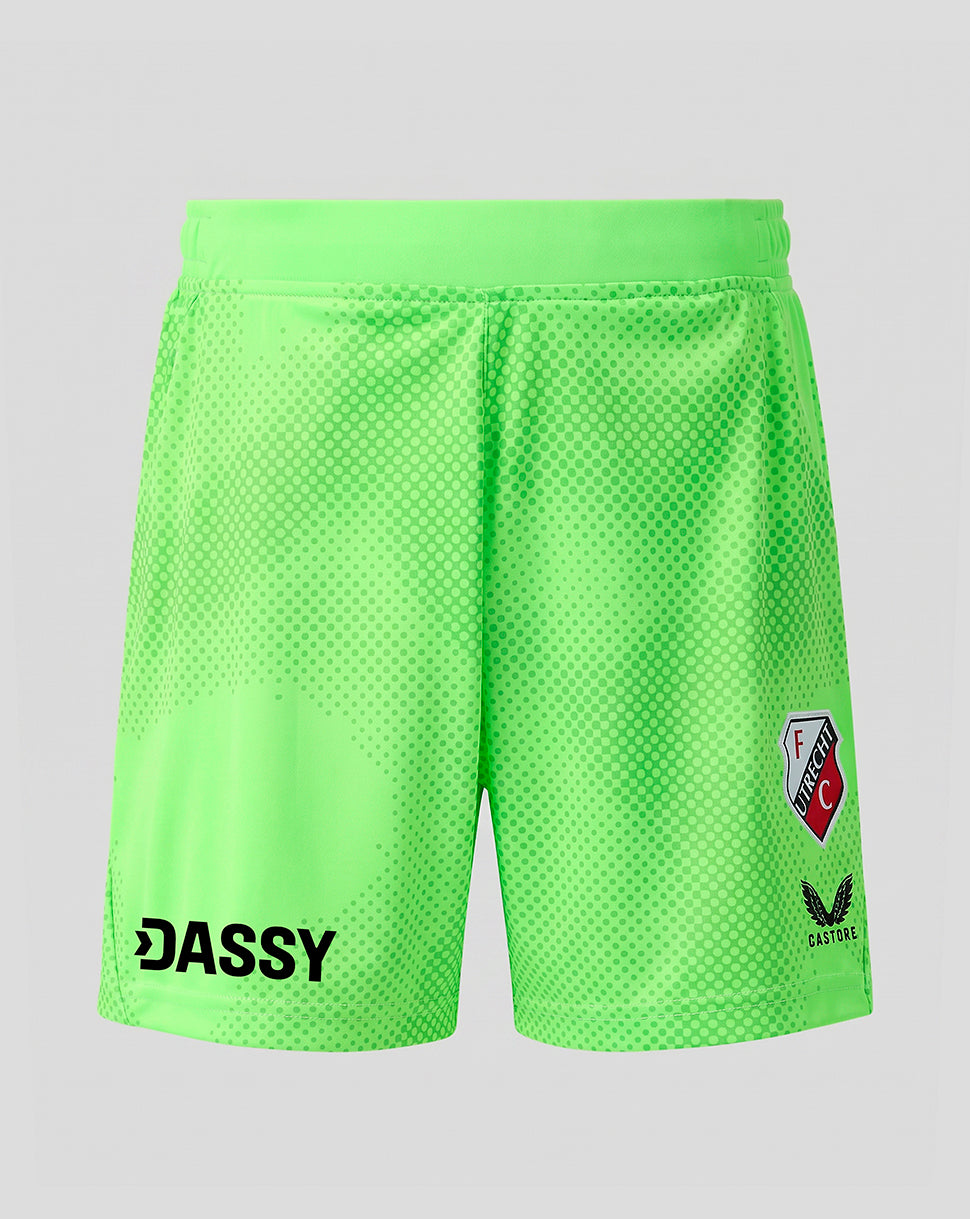 Neon green FC Utrecht junior home keeper shorts with dotted pattern and club crest