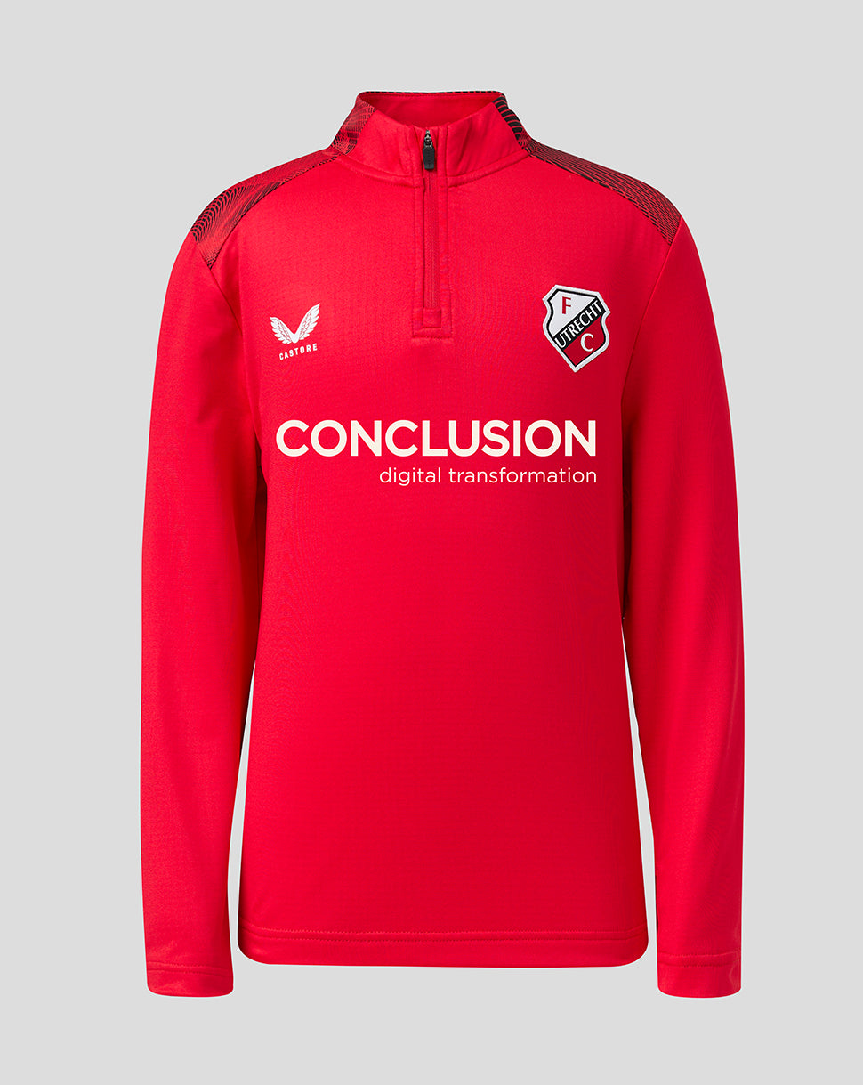 Front view of red FC Utrecht junior matchday pullover with a quarter-zip and club crest