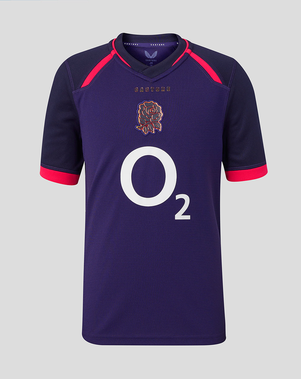 Navy sports jersey with red accents and 'O2' logo on a gray background