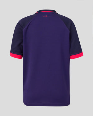 Navy blue sports jersey with red accents on a light gray background