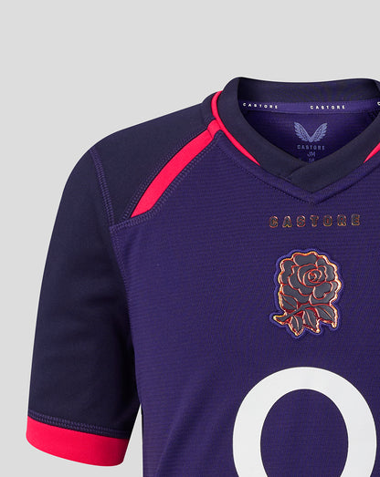 Navy sports jersey with red accents and a logo on a gray background