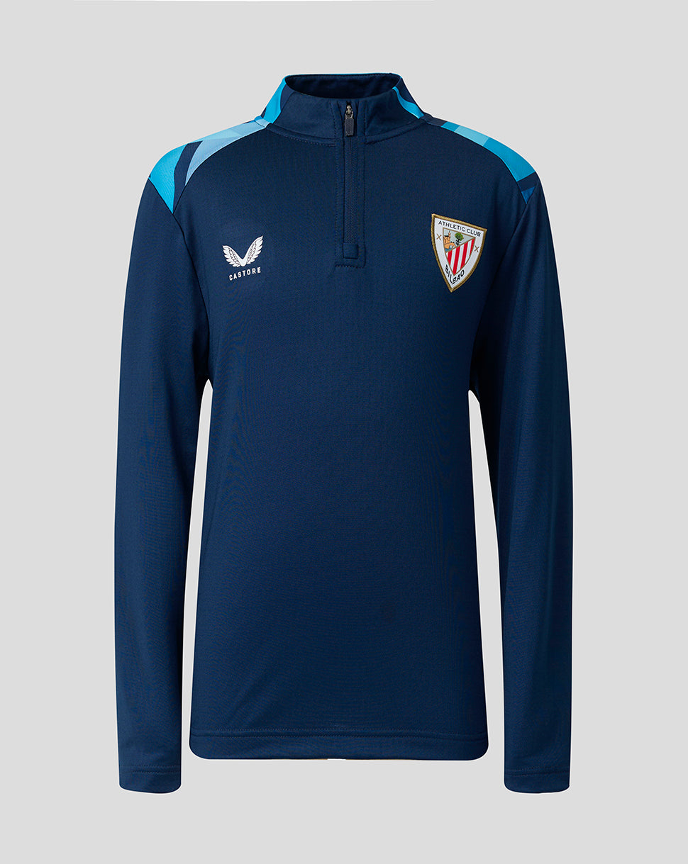 Athletic Club junior navy quarter-zip midlayer with light blue shoulder panels, crest on the chest and Castore logo.