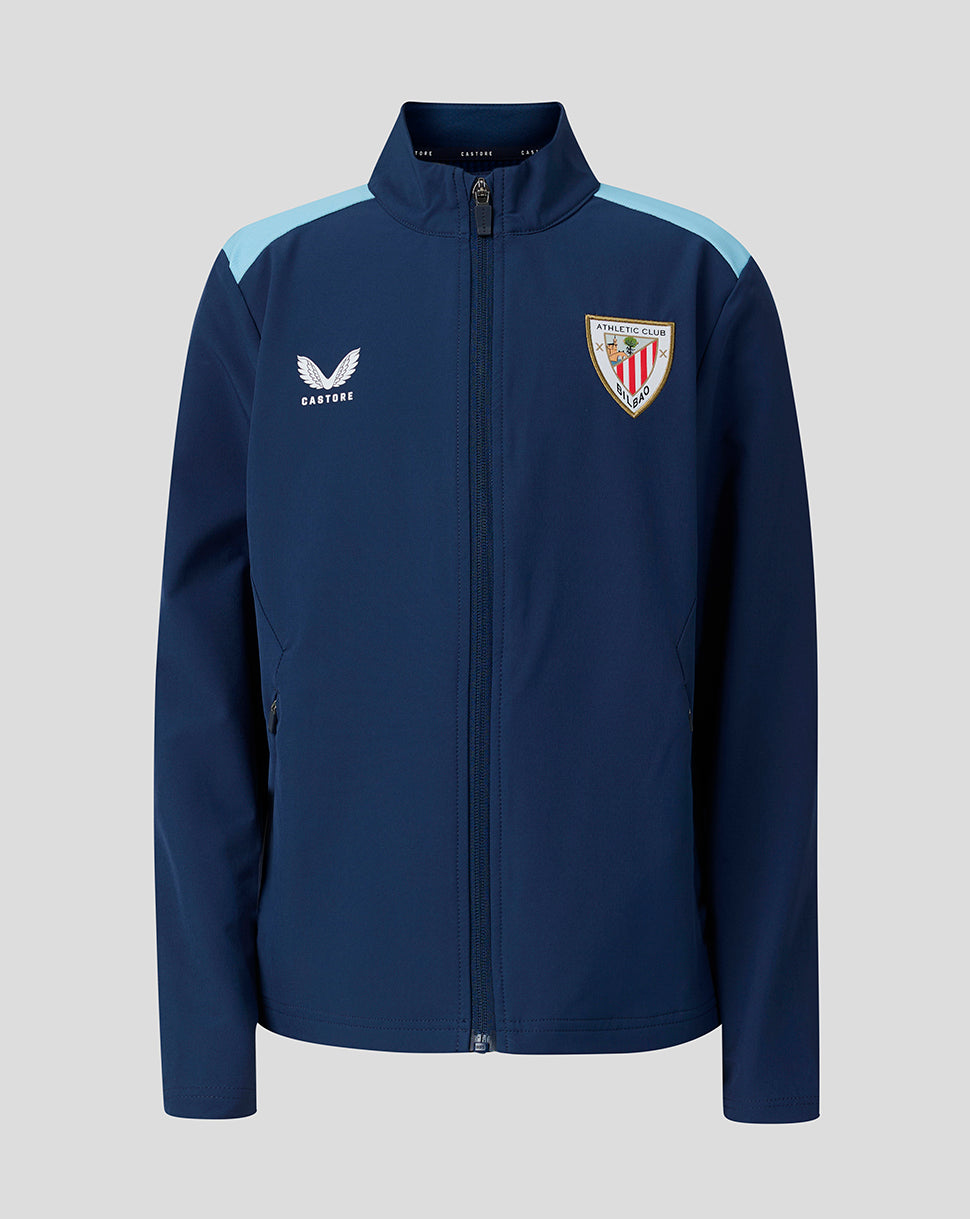 Athletic Club navy full zip jacket with light blue shoulder panels, crest on chest and Castore logo