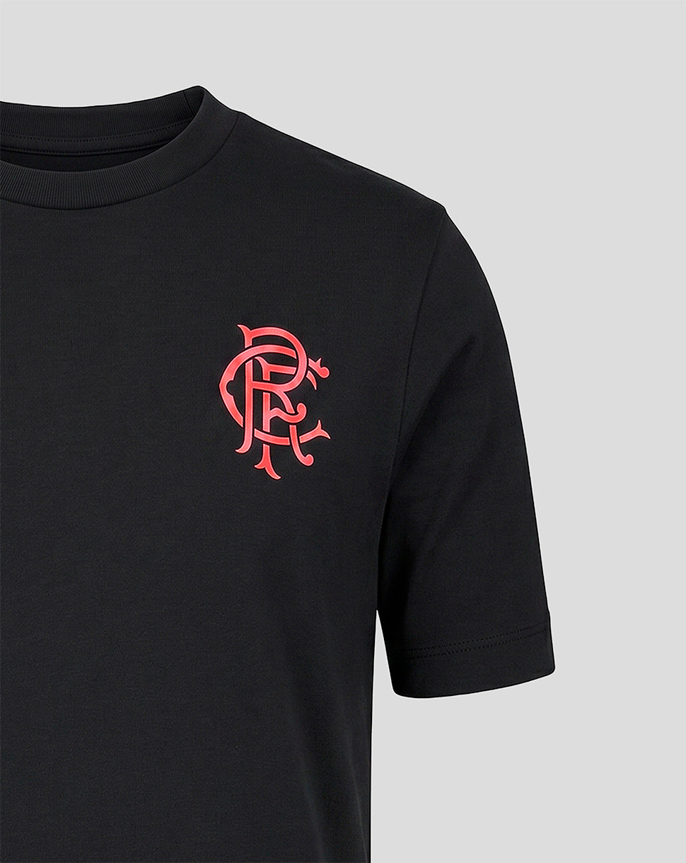 Black t-shirt with a red logo on a gray background
