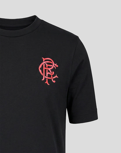 Black t-shirt with a red logo on a gray background