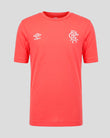 Red t-shirt with a logo on a gray background