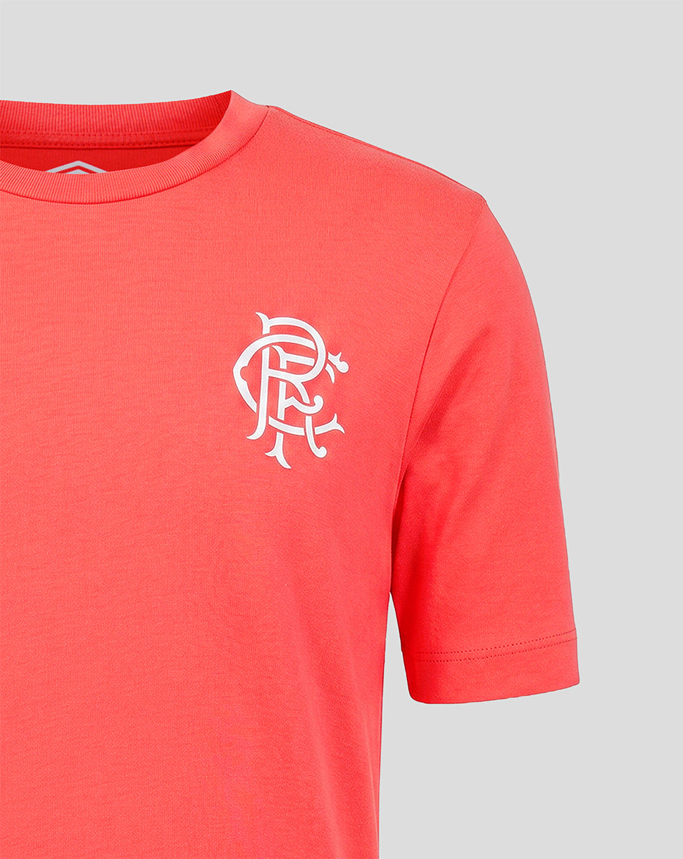 Red t-shirt with a white logo on a gray background