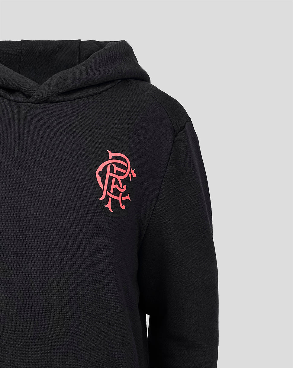 Black hoodie with a red logo on the chest against a light gray background