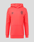Red hoodie with a logo on a gray background