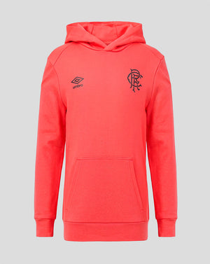 Red hoodie with a logo on a gray background