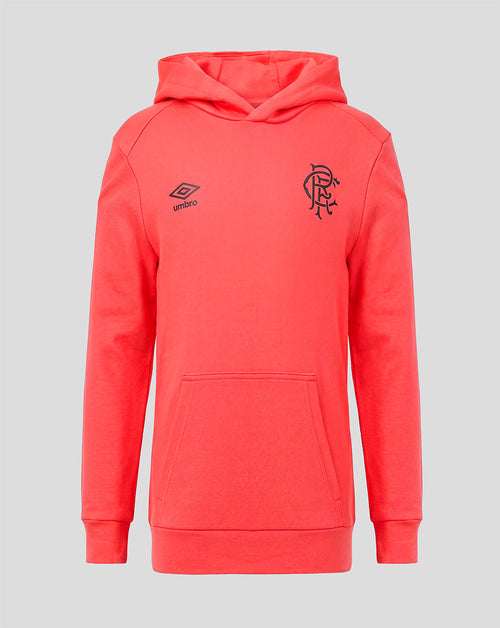 Red hoodie with a logo on a gray background