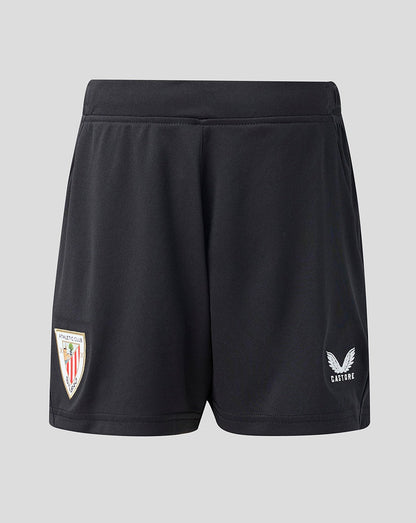 Back view of black Athletic Club junior home goalkeeper shorts with a shield badge on one leg and a Castore emblem on the other hem