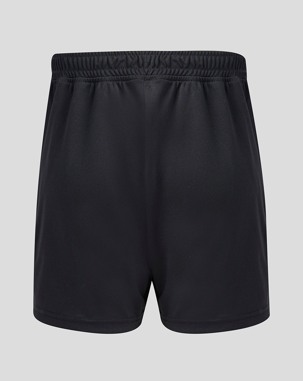 Rear view of black junior goalkeeper shorts with an elastic waistband
