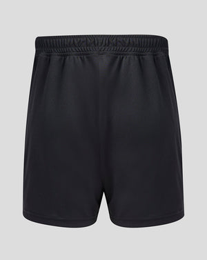 Rear view of black junior goalkeeper shorts with an elastic waistband