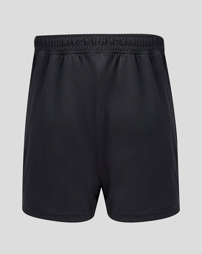Rear view of black junior goalkeeper shorts with an elastic waistband