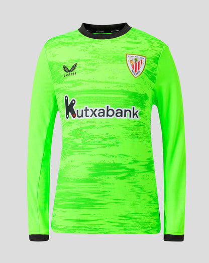 Camiseta de portero verde neón con escudo del Athletic Club Bilbao y logotipos Kutxabank y Castore
