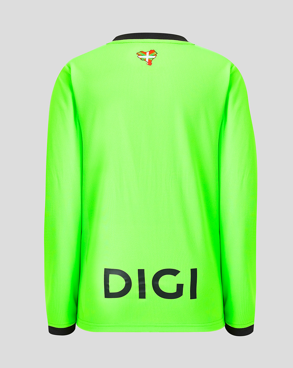 Back view of neon green junior away goalkeeper long sleeve shirt with black collar and DIGI across the lower back.