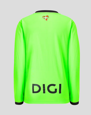 Back view of neon green junior away goalkeeper long sleeve shirt with black collar and DIGI across the lower back.