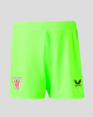 Bright neon green Athletic Club junior goalkeeper shorts with club crest on the left leg and Castore logo on the right.