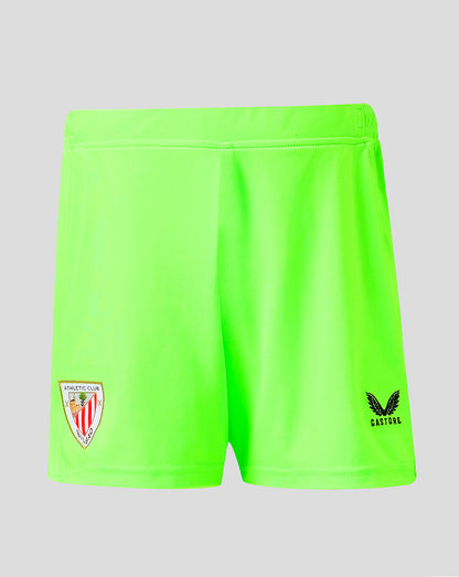 Bright neon green Athletic Club junior goalkeeper shorts with club crest on the left leg and Castore logo on the right.