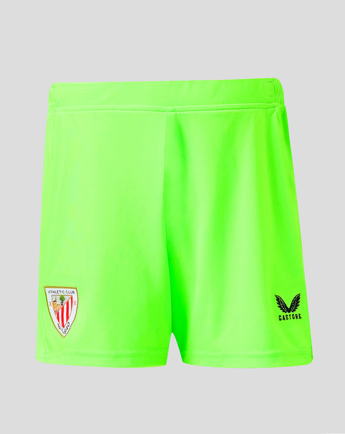 Bright neon green Athletic Club junior goalkeeper shorts with club crest on the left leg and Castore logo on the right.