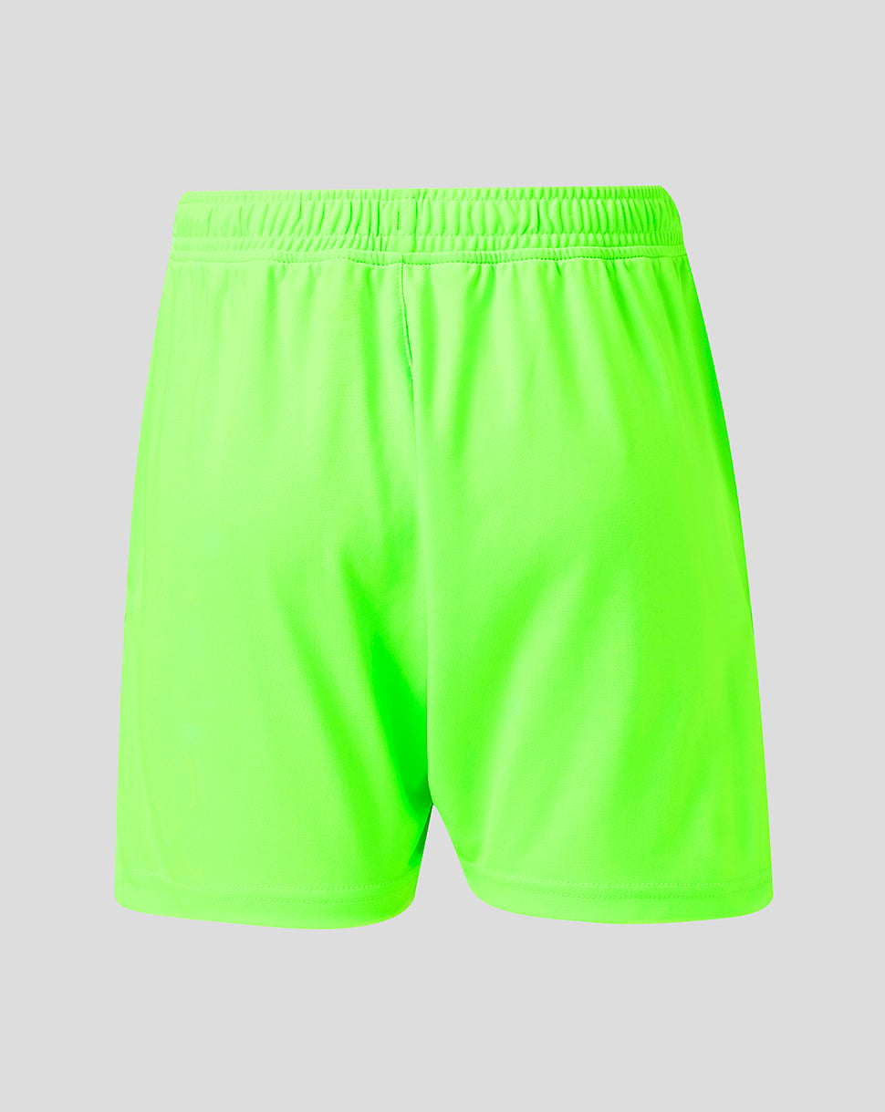 Back view of bright neon green Athletic Club junior goalkeeper shorts with an elastic waistband.
