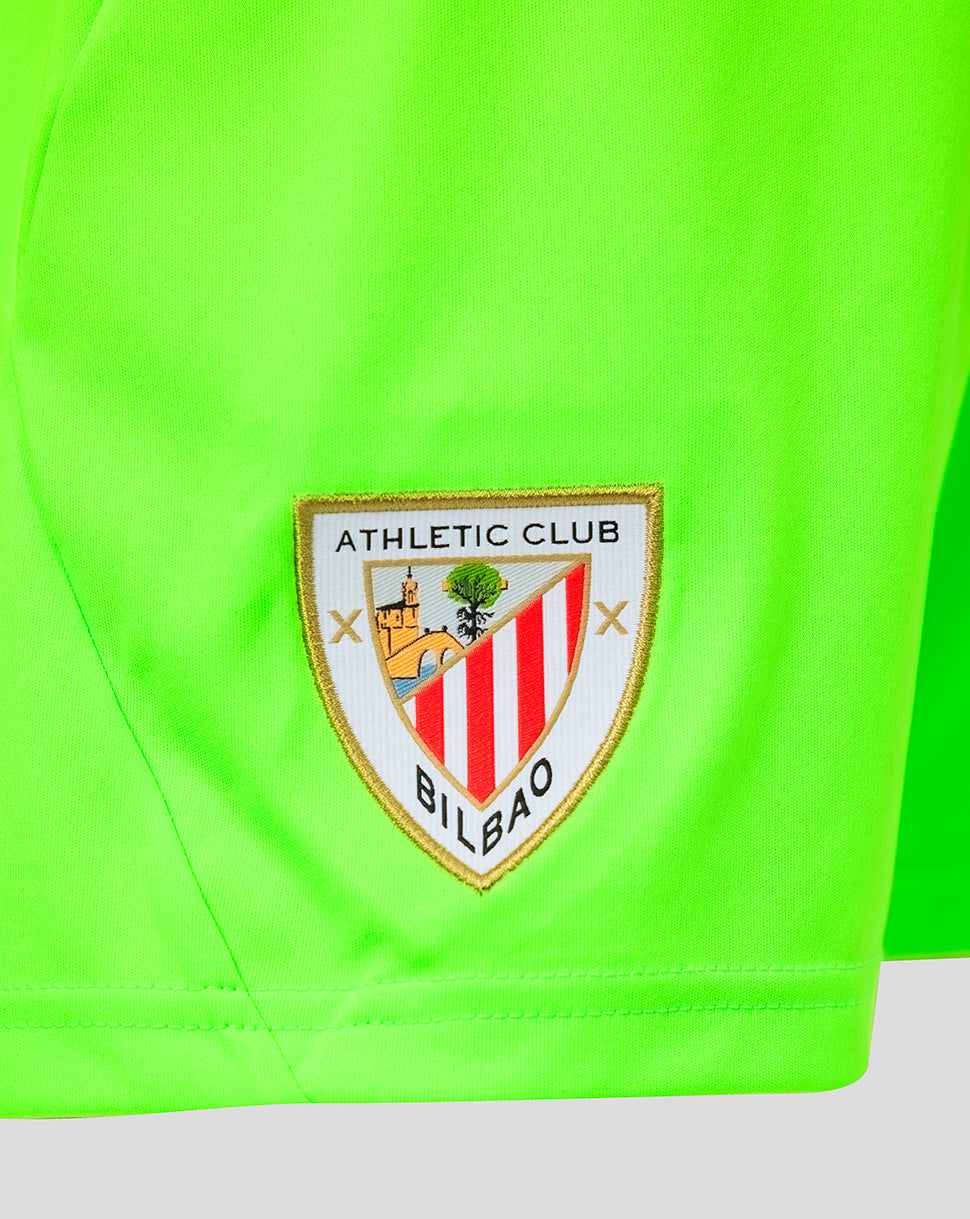 Neon green Athletic Club Bilbao junior away goalkeeper shorts with crest patch