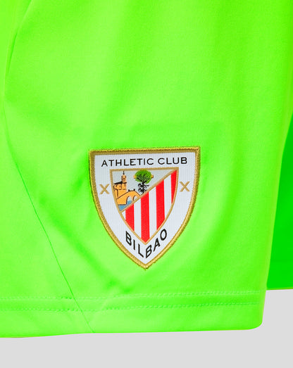 Neon green Athletic Club Bilbao junior away goalkeeper shorts with crest patch