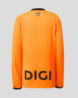 Back view of bright orange goalkeeper jersey with DIGI logo at lower back and Basque flag crest near the neck.