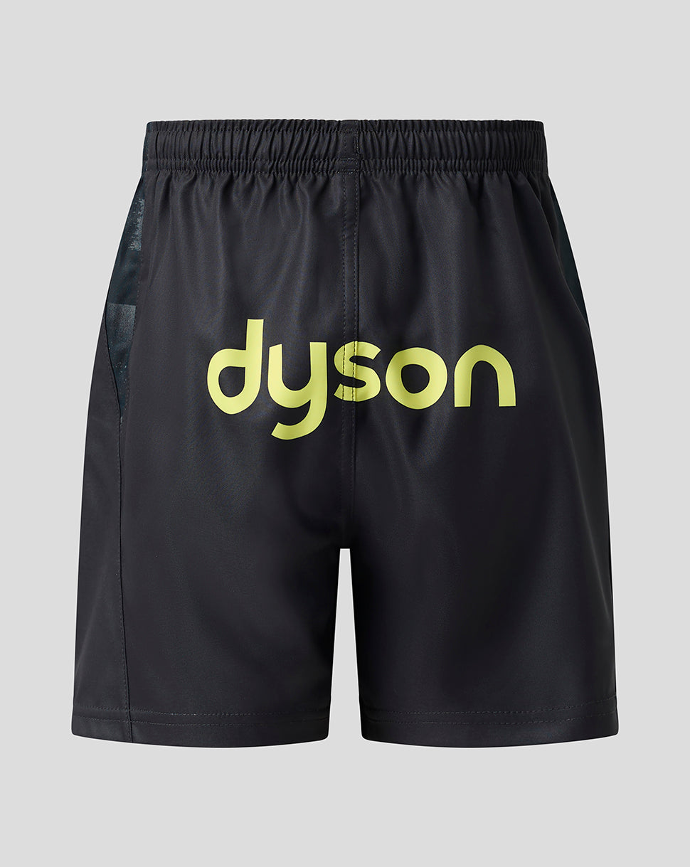 Black athletic shorts with a large yellow-green 'dyson' logo printed on the front, shown against a light gray background.