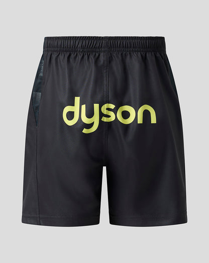 Black athletic shorts with a large yellow-green 'dyson' logo printed on the front, shown against a light gray background.