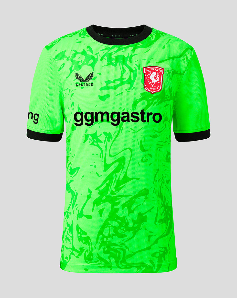 Front view of neon green FC Twente junior 26/27 home goalkeeper shirt with black collar and club crest.