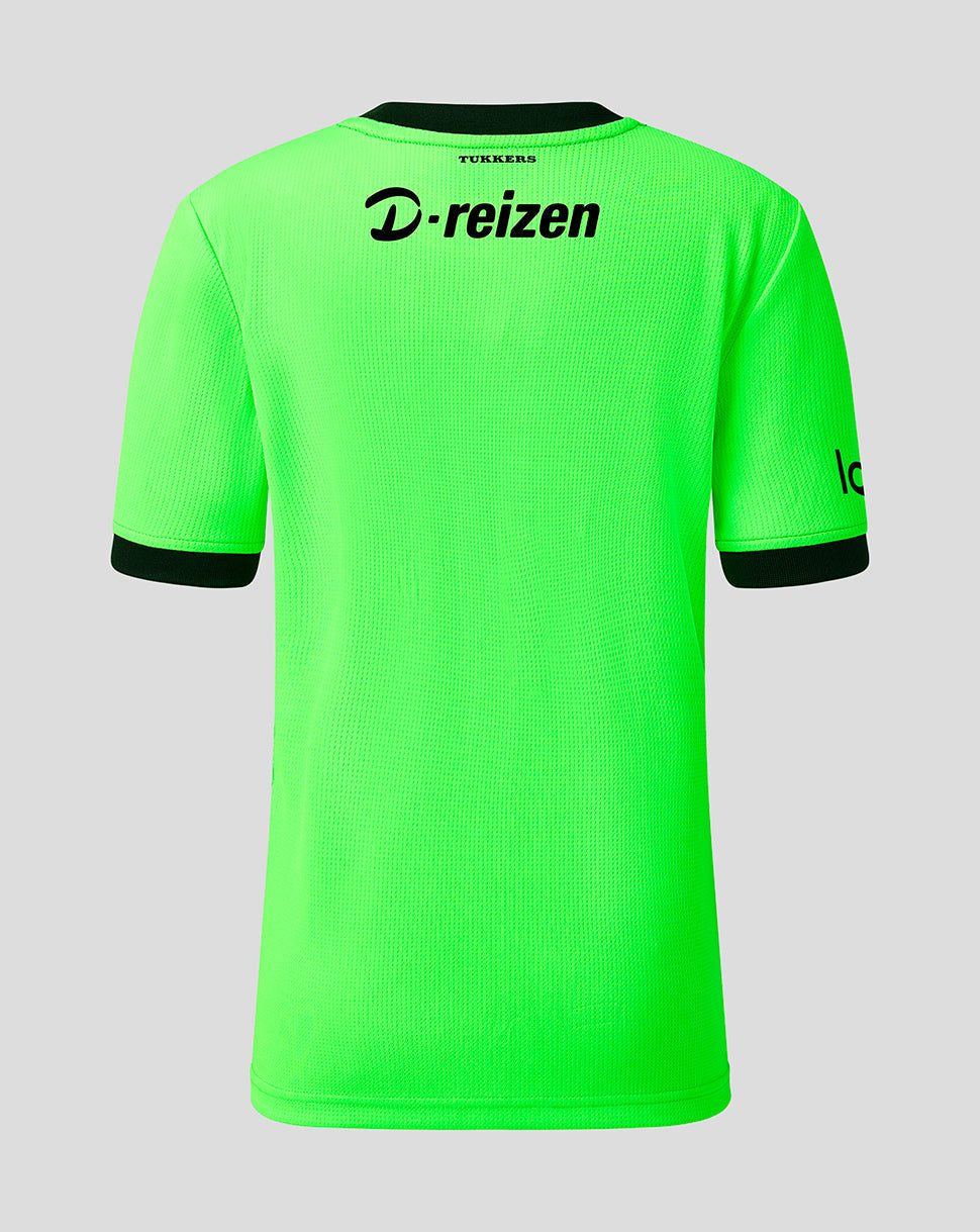 Back view of neon green FC Twente Junior goalkeeper shirt with black collar and D-reizen across the upper back.