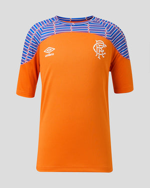 An orange short-sleeve football jersey with blue and white striped shoulder panels, featuring the white Umbro logo on the right chest and the Rangers club crest on the left chest, shown against a neutral gray background.