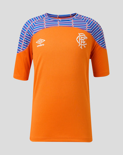 An orange short-sleeve football jersey with blue and white striped shoulder panels, featuring the white Umbro logo on the right chest and the Rangers club crest on the left chest, shown against a neutral gray background.