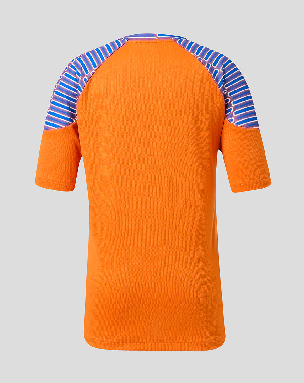 Bright orange short-sleeve raglan t-shirt with blue and white striped shoulder panels, shown from the back on a light gray background.