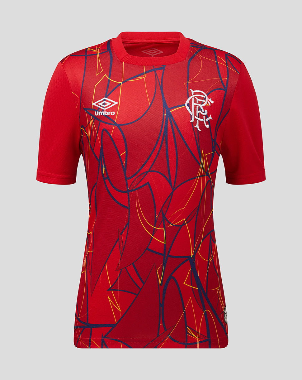 Red sports jersey with geometric pattern and visible branding on a gray background
