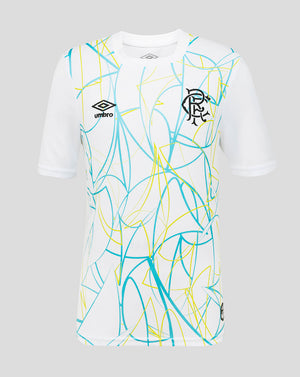 White sports jersey with blue and yellow abstract pattern on a gray background