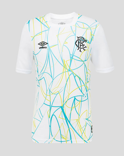White sports jersey with blue and yellow abstract pattern on a gray background