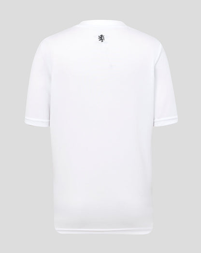 White t-shirt with a small logo on the chest against a light gray background