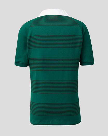 A short-sleeve polo shirt shown from the back, featuring horizontal dark green stripes on a forest green base with a contrasting white collar, displayed on a neutral gray background.