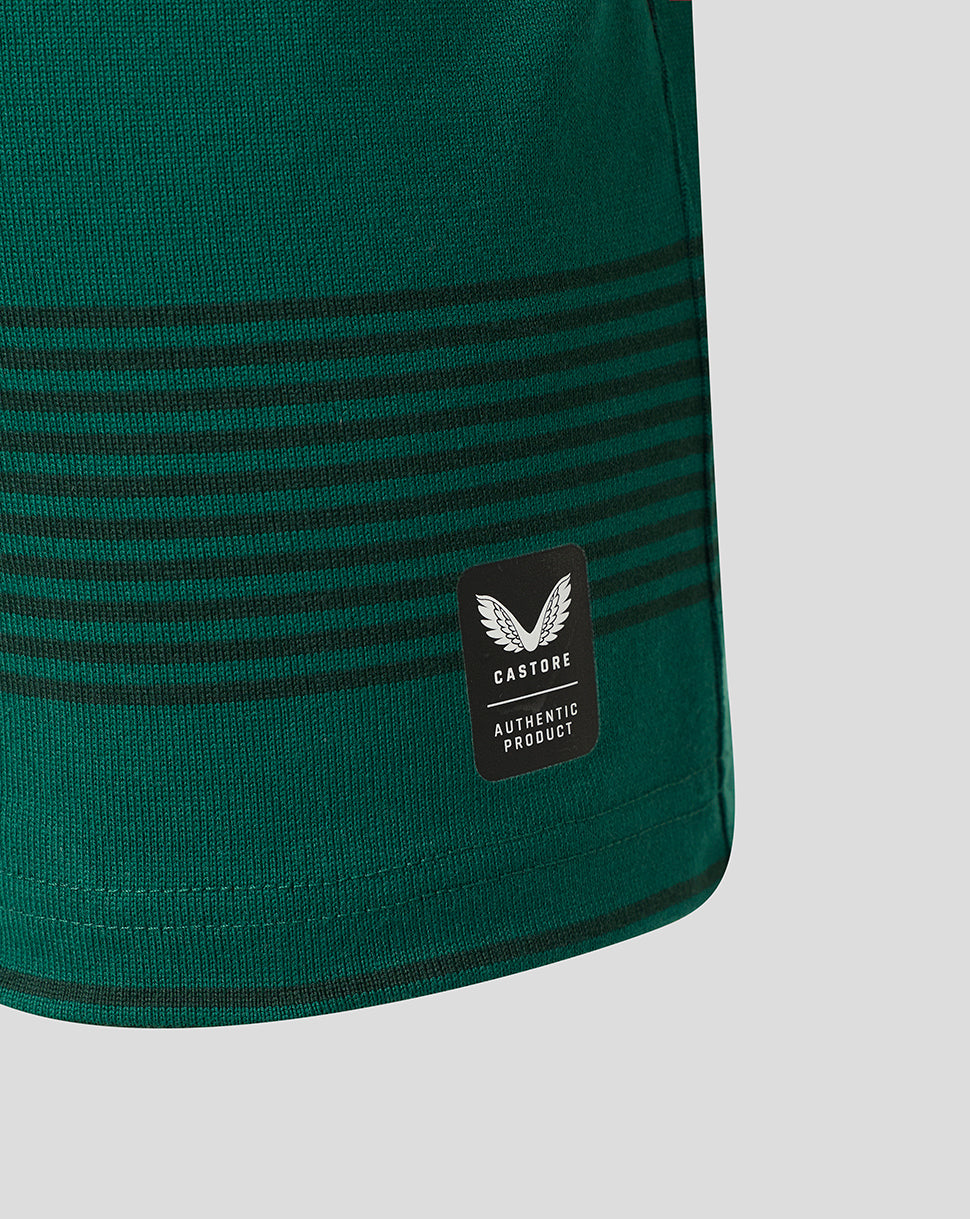 Close-up of a dark green knit garment with horizontal black stripes and a black Castore Authentic Product patch on the side, shown against a light gray background.